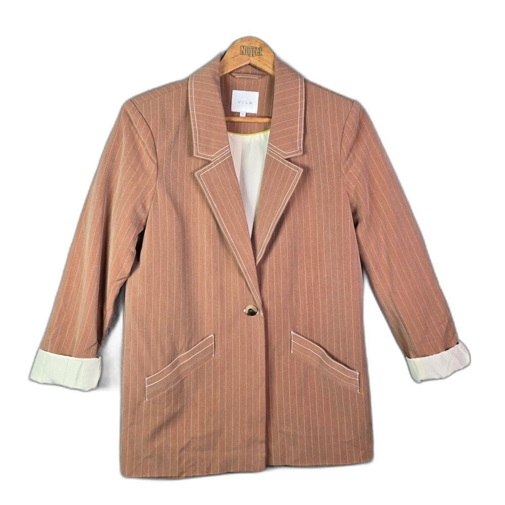 Vila Tan Pinstripe Blazer 4 One Button Contrast Cuff Tailored Jacket